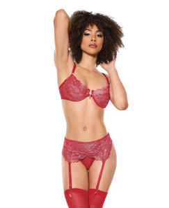 Metallic Stretch Lace Underwire Bra With Crotchless Garter Panty - Red SM