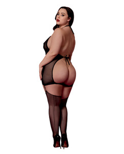 Stretch Mesh and Faux Leather Gartered Chemise With Removable Flogger - Black QN