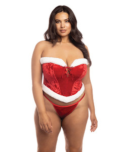 Holiday Santa's Entourage Boned Velvet Bustier With Marabou Trim & G-String Red/White 1X/2X