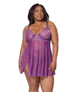 Metallic Stretch Lace & Mesh Babydoll With Thong - Purple 1X/2X