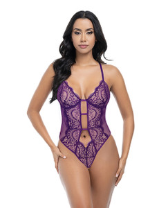 Carmen Lace & Mesh Underwire Crotchless Teddy - Imperial Purple L/XL