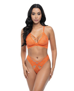Amina Scallop Lace & Mesh Bralette With Panty 2 pc Set - Dragon Fire Orange S/M