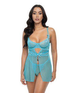Emma Floral Lace & Mesh Underwire Babydoll With G-String 2 pc Set - Beach Blue SM