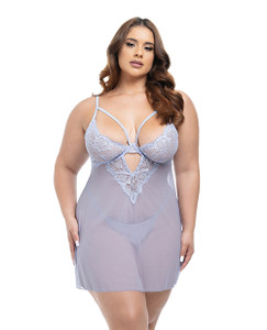 Elsie Lace & Mesh Underwire Babydoll With G-String 2 pc Set - Brunnera Blue 1X/2X