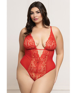 Lace and Mesh Open Crotch Teddy With Rhinestone Detail - Red QN