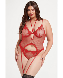 Stretch Mesh and Lace Cami With Thong 2 pc Set - Red QN