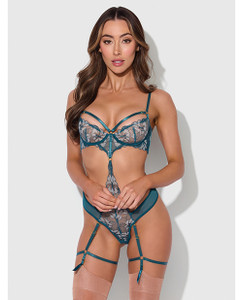 Nova Lace Teddy With Garters - Jade Blue SM