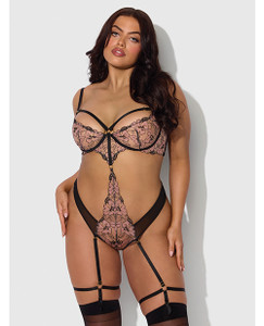 Nova Lace Teddy With Garters - Black 1X/2X