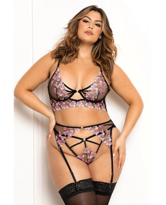 Floral Lace and Mesh Long Line Underwire Bra With Garter & G-String - Black/Pink 3X/4X