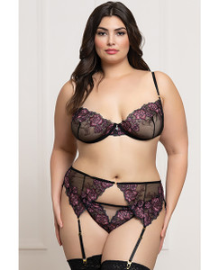 Floral Lace and Mesh Underwire Bra With Garter & Thong 3 pc Set - Black/Purple 1X/2X
