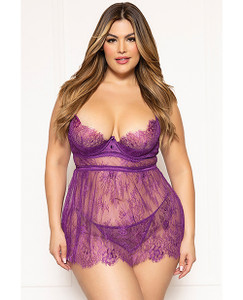 Floral Eyelash Lace Underwire Babydoll With Thong 2 pc Set - Purple 1X/2X