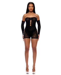 Cross Your Mind Romper Bodystocking With Rhinestone Details & Gloves 2 pc Set - Black O/S