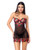 Untamed Floral Embroidered Underwire Babydoll w/Back Lace Up Detail & G-String - Black/Red SM
