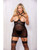Riveting Stretch Mesh & Faux Leather Open Bust Gartered Chemise With G-String Black 1X