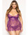 Floral Eyelash Lace Underwire Babydoll With Thong 2 pc Set - Purple 1X/2X