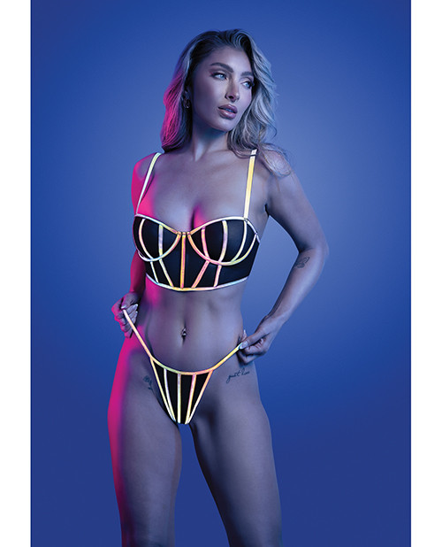 Solar Flare Flash Reflective Binding Underwire Bra & Thong - Black S/M