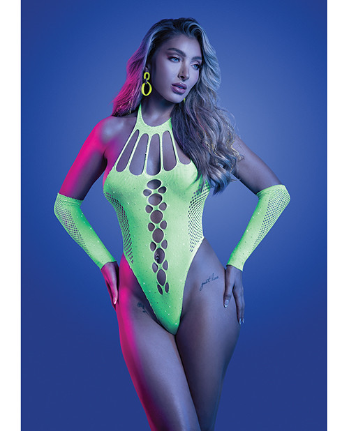 Pressure Point UV Reactive Rhinestone Studded Teddy & Gloves/Leg Warmers 2 pc Set - Neon Green O/S