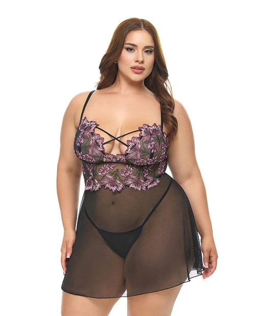 Adela Embroidered Boned Lace and Mesh Babydoll w/G-String 2 pc Set - Black/Pink 1X