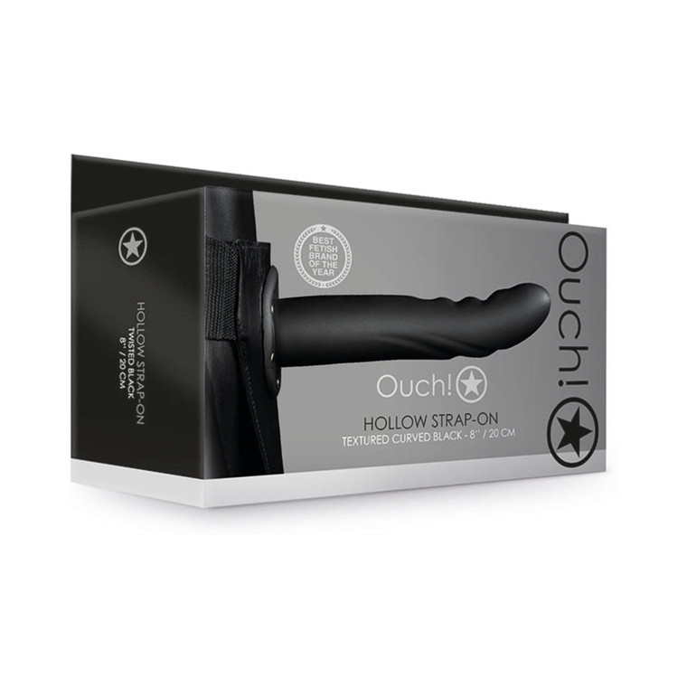 Ouch! Textured Curved 8 in. Hollow Strap-On Black