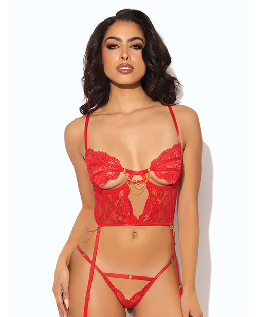 Cecily Lace & Mesh Bustier w/Thong & Garter Straps - Red XL