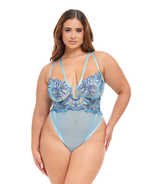 Emilia Floral Embroidered Teddy - Blue 1X
