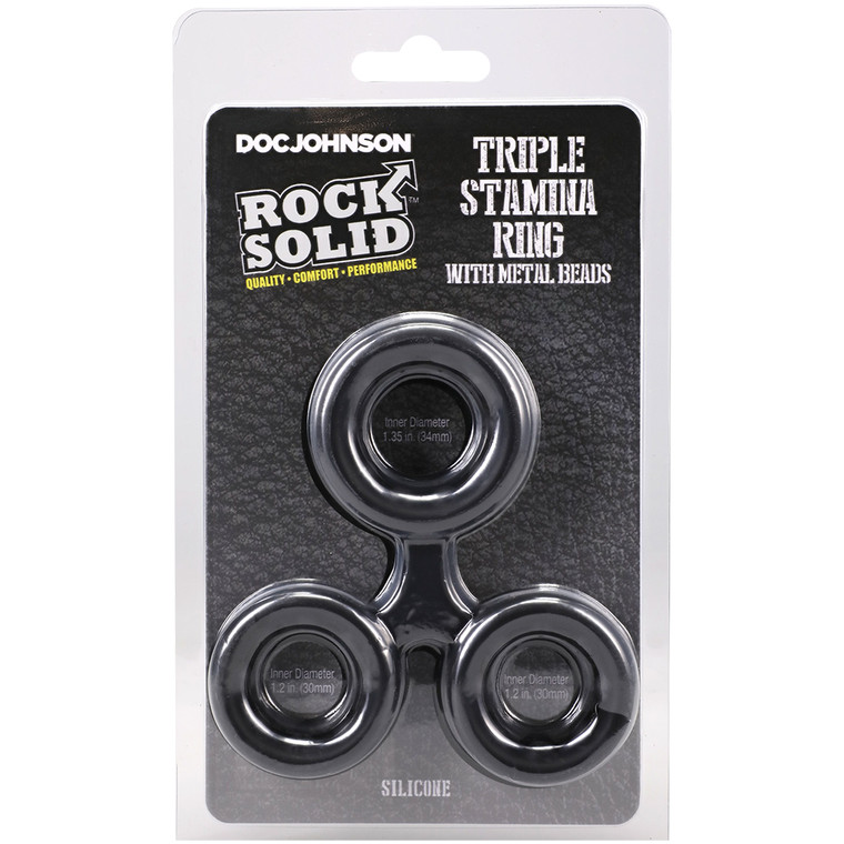 Rock Solid Silicone Triple Stamina Ring With Metal Beads Black