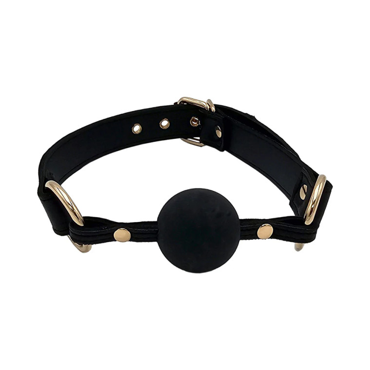 Rouge Leather Ball Gag Black with Gold Accessories