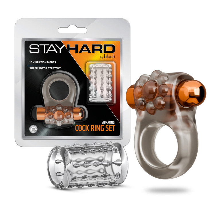 Stay Hard Vibrating Nubby Cock Ring Set With Sleeve