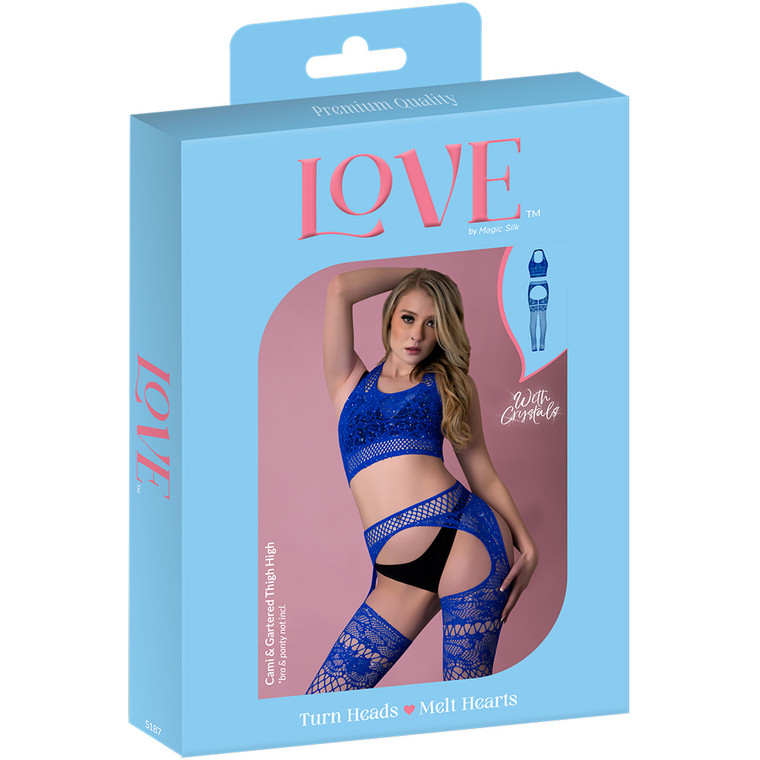 Love Rhinestone Crystal Cami & Gartered Thigh High Blue One Size