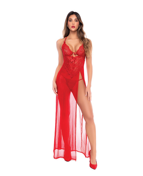 Dotted Lace & Mesh Maxi Dress w/High Side Slit & Thong - Red L/XL