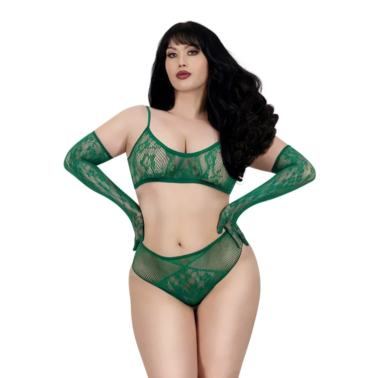 Dreamgirl Lace Seamless 3-Piece Set Emerald Queen Size
