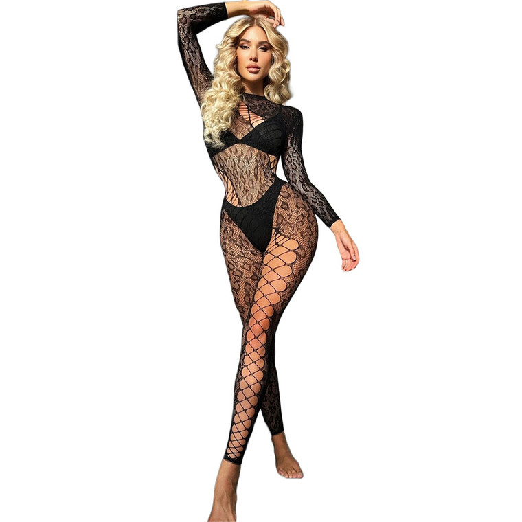 Black Pearl Leopard Lace Catsuit Black