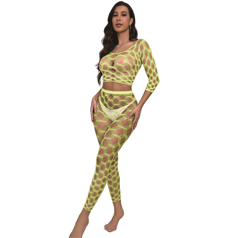 Black Pearl 2-Piece Hexagon Lace Crop Top With Leggings Neon Yellow