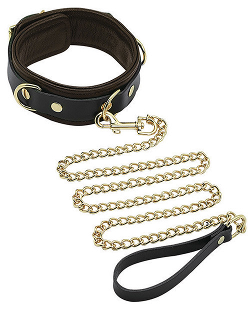 Spartacus Fetish Collar & Leash - Brown Leather With Gold Accent Hardware