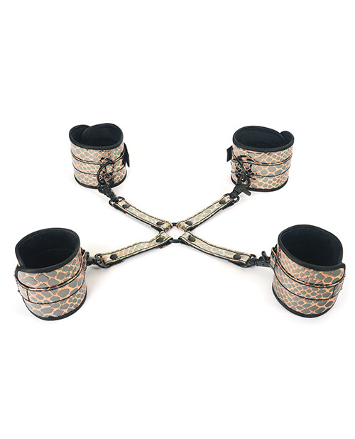 Spartacus Fetish Faux Leather Wrist & Ankle Restraints With Hog Tie - Gold