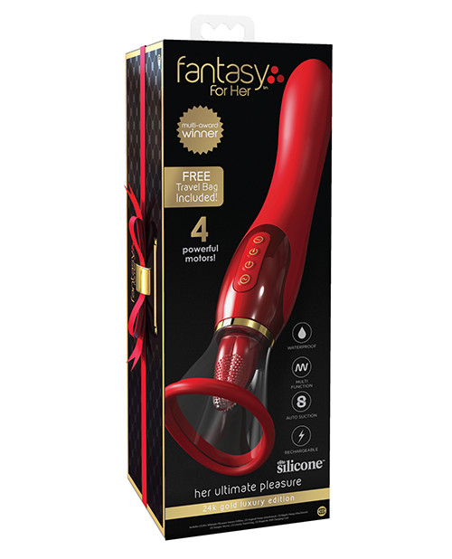 Pipedream Fantasy For Her Ultimate Pleasure 24K Gold Seasonal Luxury Edition Tongue Vibrator With Travel Bag Luxury Box - Red