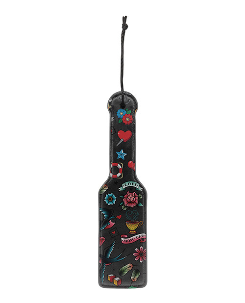 Shots Ouch Fetish Old School Tattoo Style Printed Paddle - Black