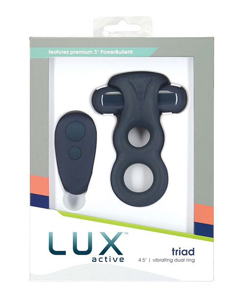 BMS Lux Active Triad 4.5" Vibrating Dual Cock Ring With Remote - Dark Blue