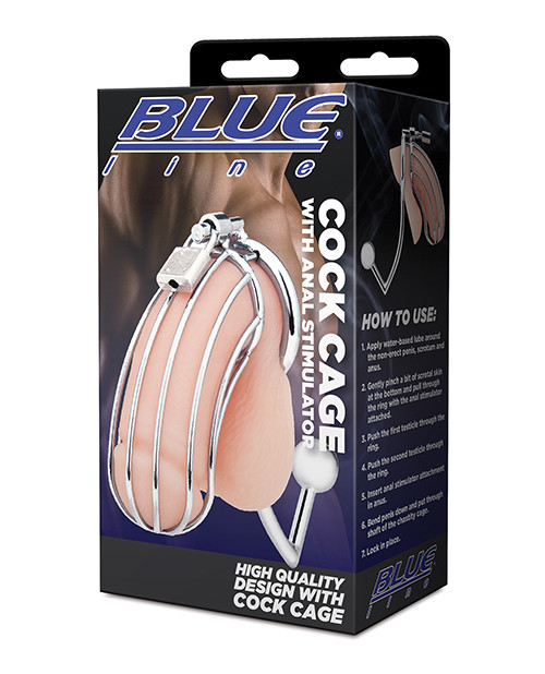 Blue Line Cock Cage With Anal Stimulator - Silver