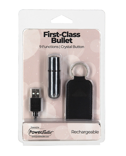 First Class Mini Rechargeable Bullet With Crystal - 9 Functions Silver