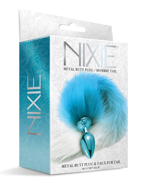 Nixie Metal Butt Plug With Faux Fur Tail - Blue Metallic