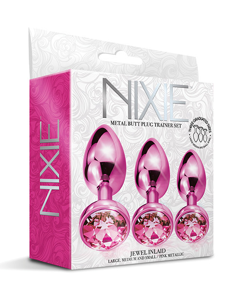 Nixie Metal Butt Plug Trainer Set With Inlaid Jewel - Pink Metallic