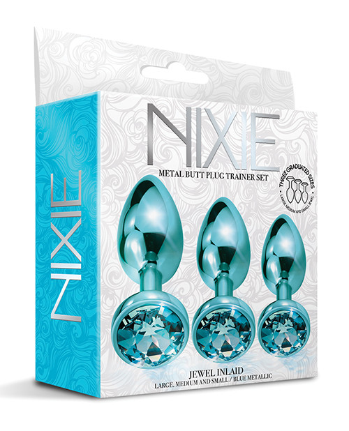 Nixie Metal Butt Plug Trainer Set With Inlaid Jewel - Blue Metallic