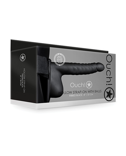 Shots Ouch 8" Ribbed Hollow Strap On With Balls - Black