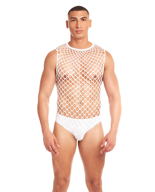 Rainbow Party Full Effect Large Mesh Unitard 2 pc Set With Thong - White L/XL