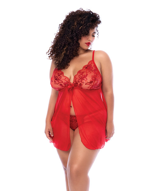 Sequin Embellished Babydoll With G-String - Red 3X/4X