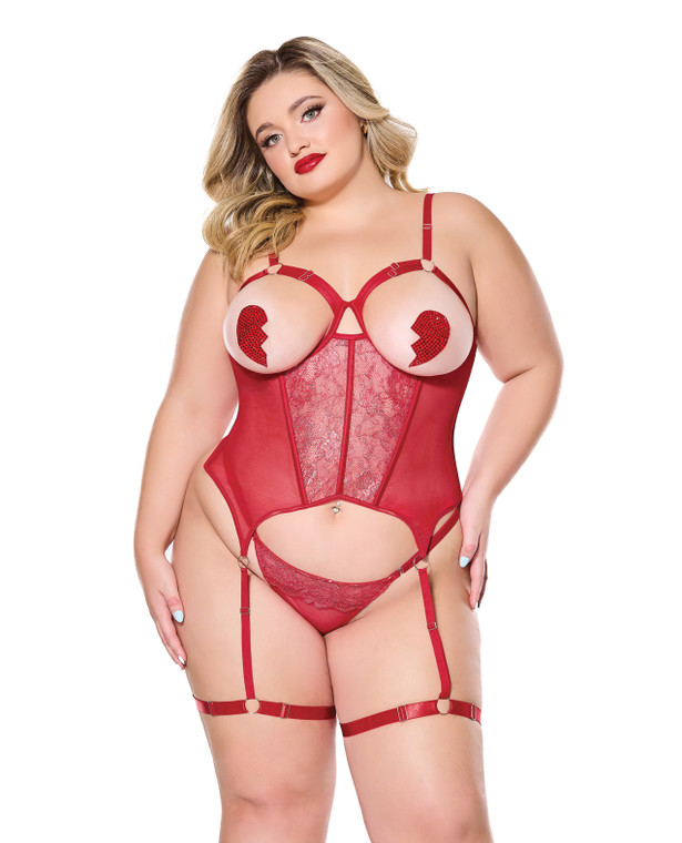 Metallic Stretch Scallop Lace and Mesh Bustier With Thong - Red 1X/2X