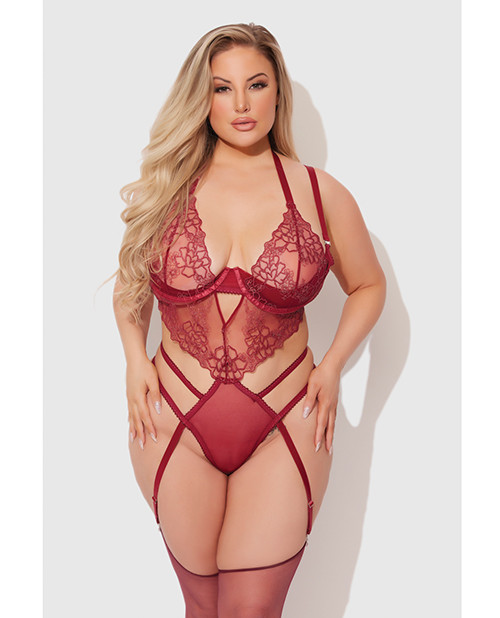 Eden Embroidered Lace & Mesh Teddy With Garters - Dark Red 3X/4X