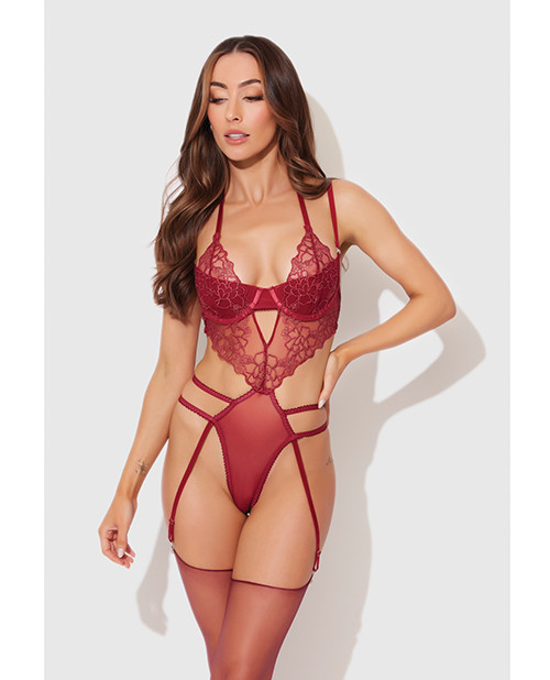Eden Embroidered Lace & Mesh Teddy With Garters - Dark Red XL