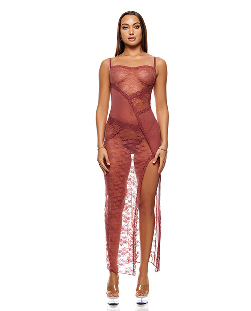 Patch Of Petals Sheer Mesh and Lace Gown With Thong 2 pc Set - Mauve MD